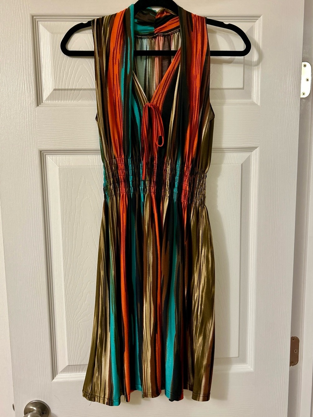 Sleeveless V-Neck Striped Summer Dress - Teal, Orange, Brown Large